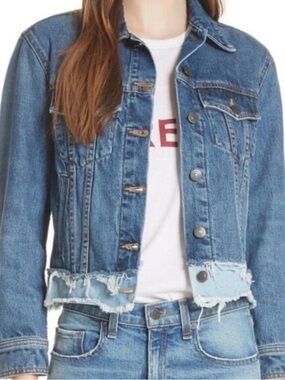 VERONICA BEARD Marianne Trucker Western Jean Jacket Patchwork Frayed Hem Blue S